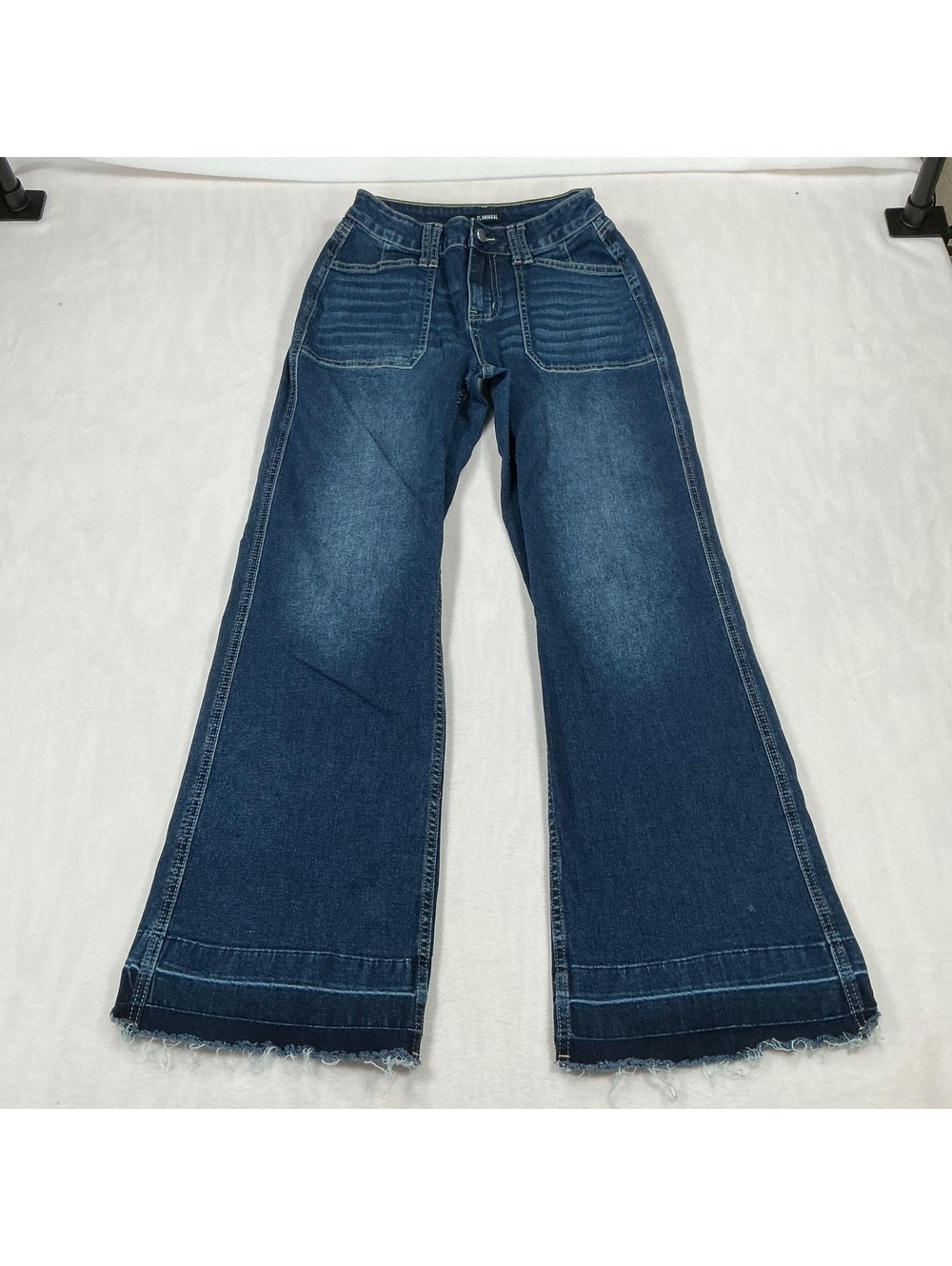 Flamingal Women’s XS Wide Leg Jeans Raw Hem High‎ Rise Blue Stretch Denim